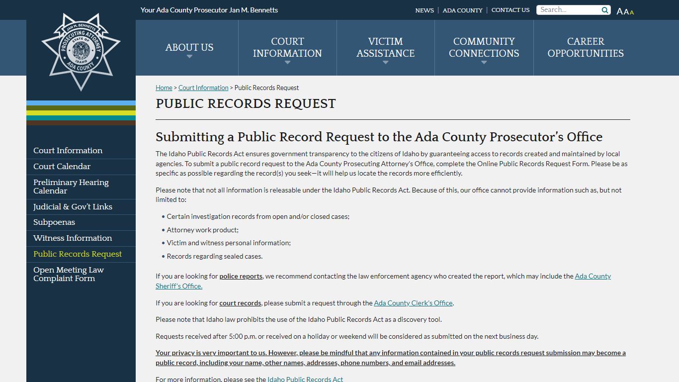 Public Records Request - Ada County Prosecutor